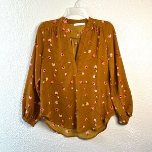 Lush Caramel Brown Red Long sleeve Floral Classic Lightweight Blouse Tops XS